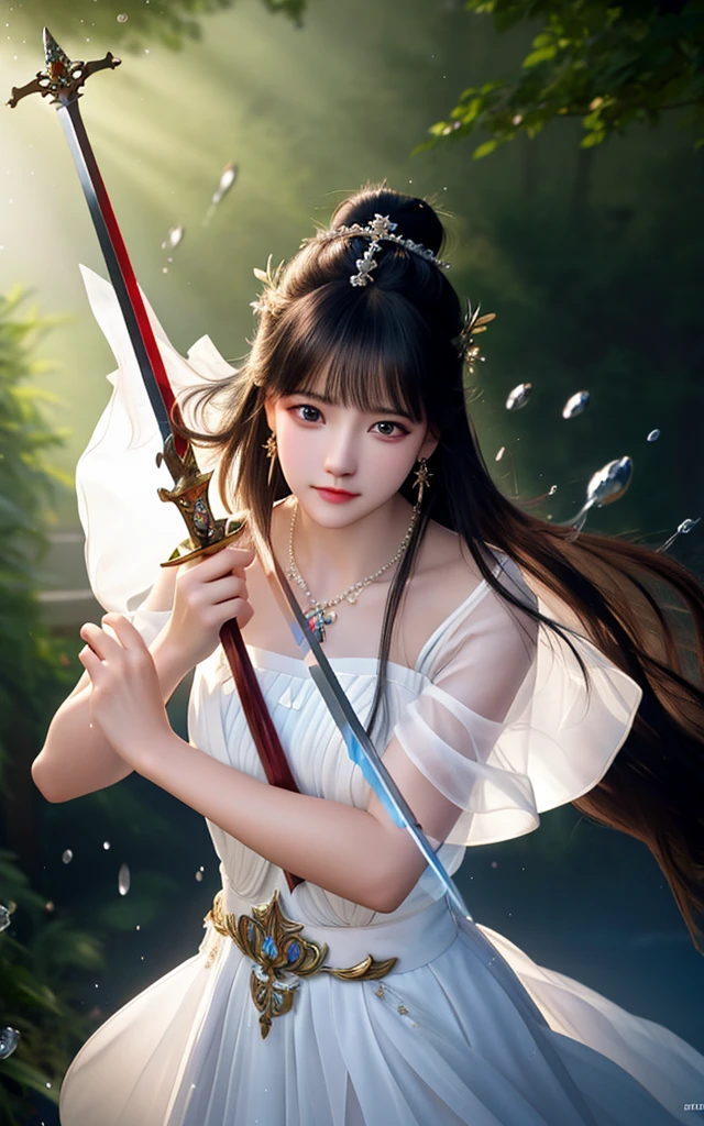 best quality,masterpiece,highres,cg,
1girl,weapon,sword,long hair,dress,water,solo,jewelry,white dress,earrings,hair ornament,splashing,upper body,hair bun,black hair,
lighting,candid,Photograph,high resolution,4k,8k,Bokeh,