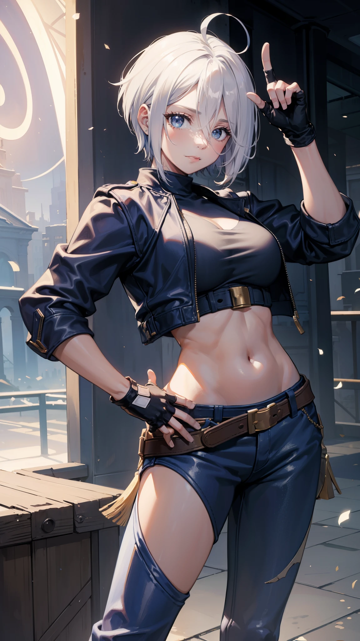 (masterpiece), best quality, expressive eyes, perfect face, highres, 1girl, solo, angelms, white hair, jacket, ahoge, fingerless gloves, midriff, hands to hips, leaning forward, smiling, fanstasy background, particles, magic, standing,cowboy shot, looking at the viewer, from front