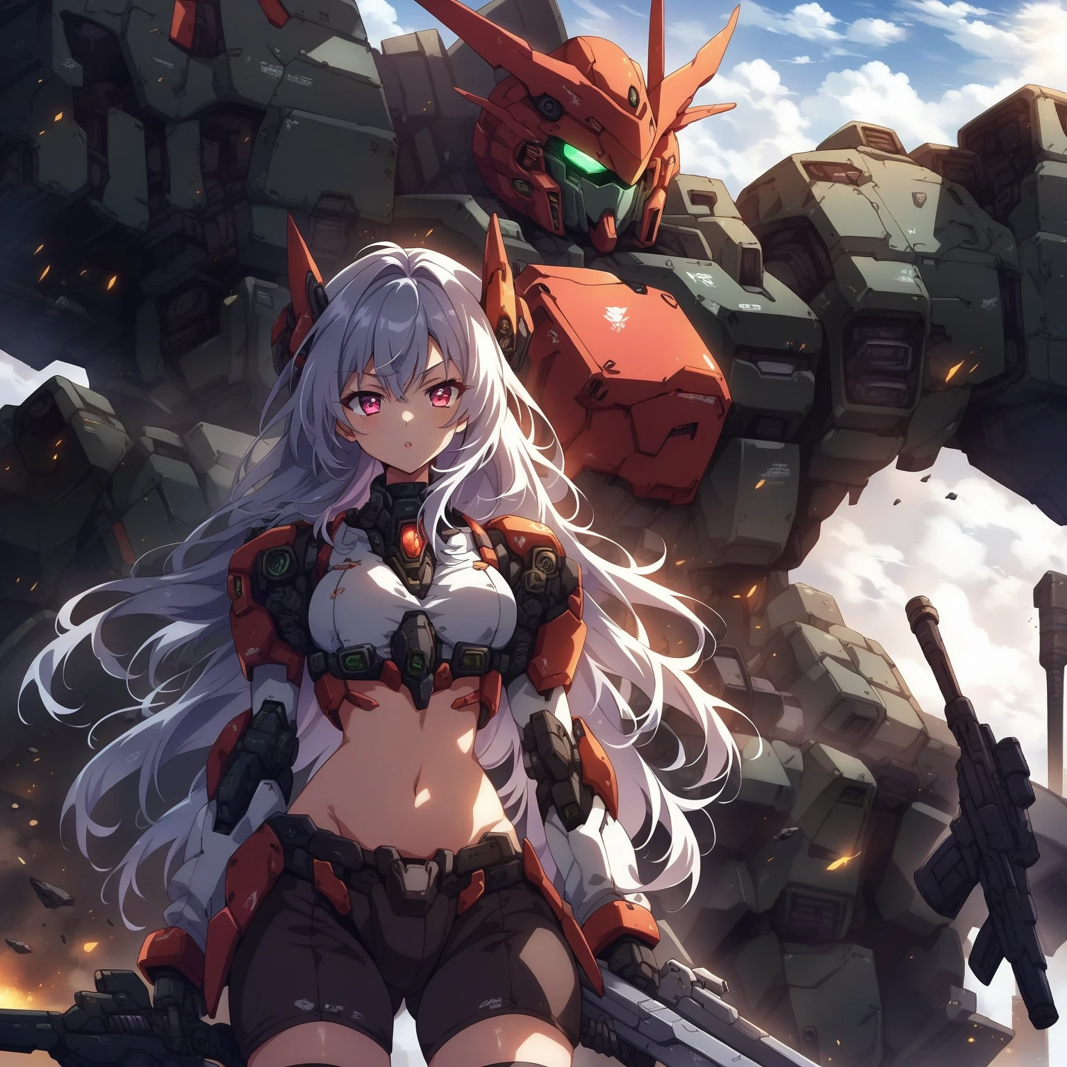 score_9, score_8_up, score_7_up, source_anime,masterpiece, best quality, high resolution, extremely detailed CG, absurdres, highres, a mecha girl holding a sword in front of a giant mech with a large blade, 1girl, weapon, mecha, robot, holding weapon, holding, gun, long hair, holding gun, glowing, sky, thighhighs, cloud, science fiction, outdoors, floating hair,1girl, solo, cleavage, thighs, looking at viewer, mecha musume,neondskdrmsxl, cool face,(SuperQuality:1.2)