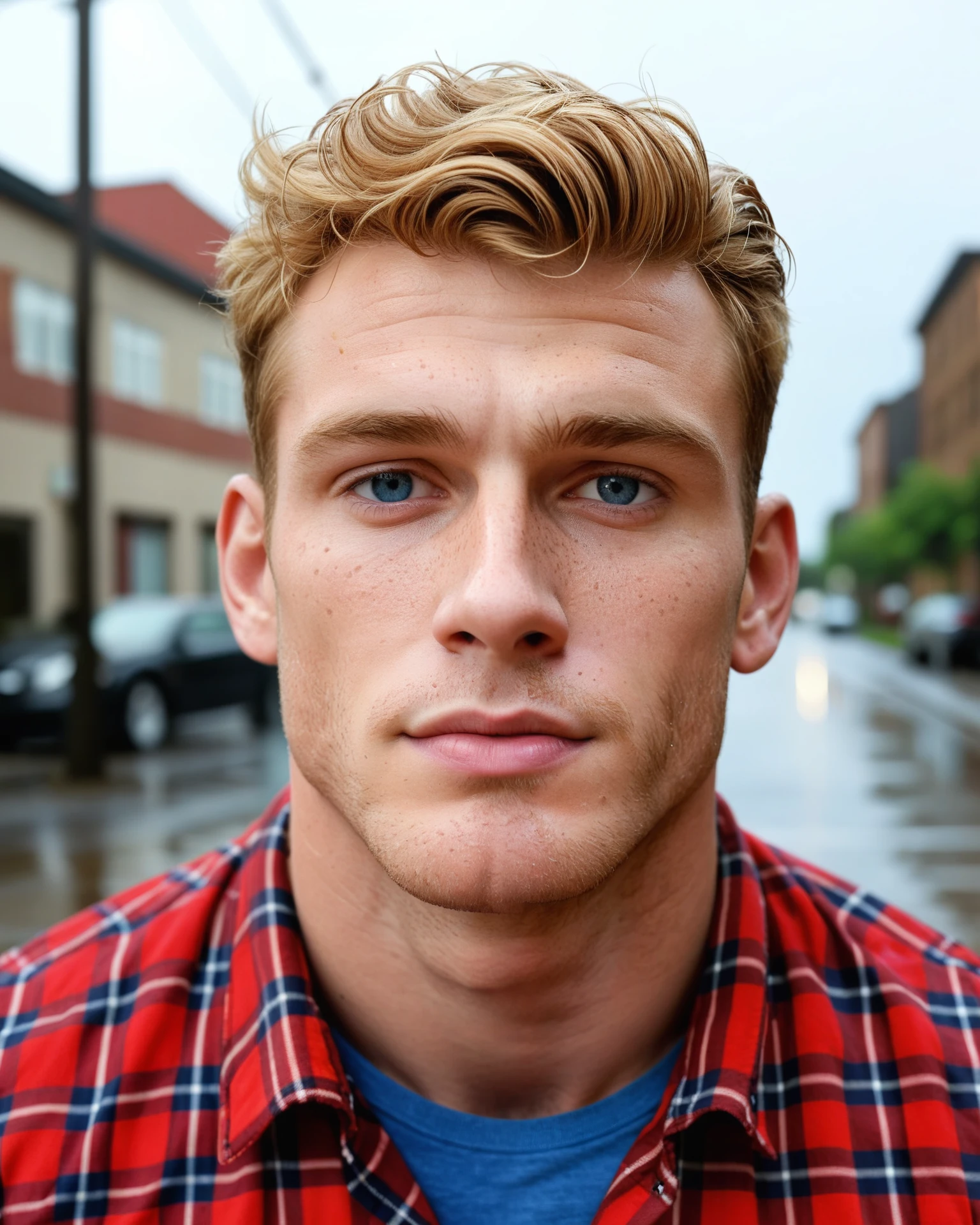 (zPDXL2), 8K, score_9, score_8_over, score_7_over, yaoi, 1 boys, homosexual, detailed, very short hair, blond hair, freckles, blue eyes, freckles, freckles on body, broad and muscular shoulders, pectoral muscles, abdomen, vascular biceps and triceps, flannel shirt, cute, blond, boyish face, cute face, perspective above, looking at viewer, rain, cloudy sky, street rain, Glamour Shots_PDXL