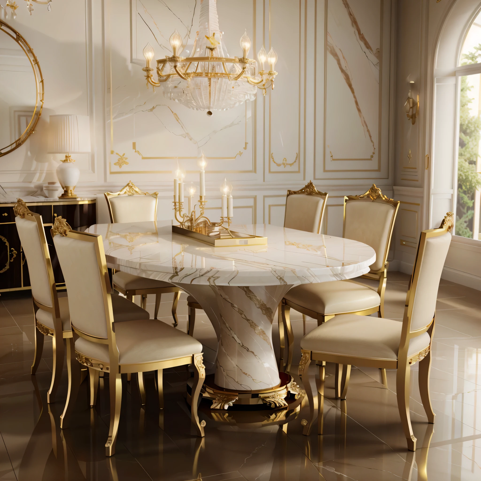 there is a large dining table with chairs and a chandelier, elegant baroque, elegant render, luxury furniture, elegant and refined, neoclassical style, high quality render, directoire style, white elegant baroque design, baroque marble and gold in space, elegant furniture, magnificent design, high quality 3 d render, high quality 3d render, barocco, exquisite aristocratic, extremely realistic, detailed