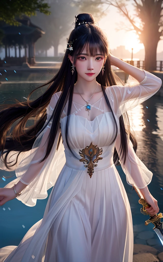 best quality,masterpiece,highres,cg,
1girl,weapon,sword,long hair,dress,water,solo,jewelry,white dress,earrings,hair ornament,splashing,upper body,hair bun,black hair,
lighting,candid,Photograph,high resolution,4k,8k,Bokeh,