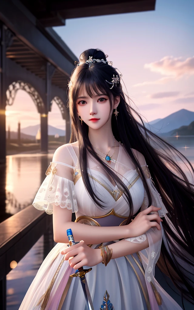 best quality,masterpiece,highres,cg,
1girl,weapon,sword,long hair,dress,water,solo,jewelry,white dress,earrings,hair ornament,splashing,upper body,hair bun,black hair,
lighting,candid,Photograph,high resolution,4k,8k,Bokeh,