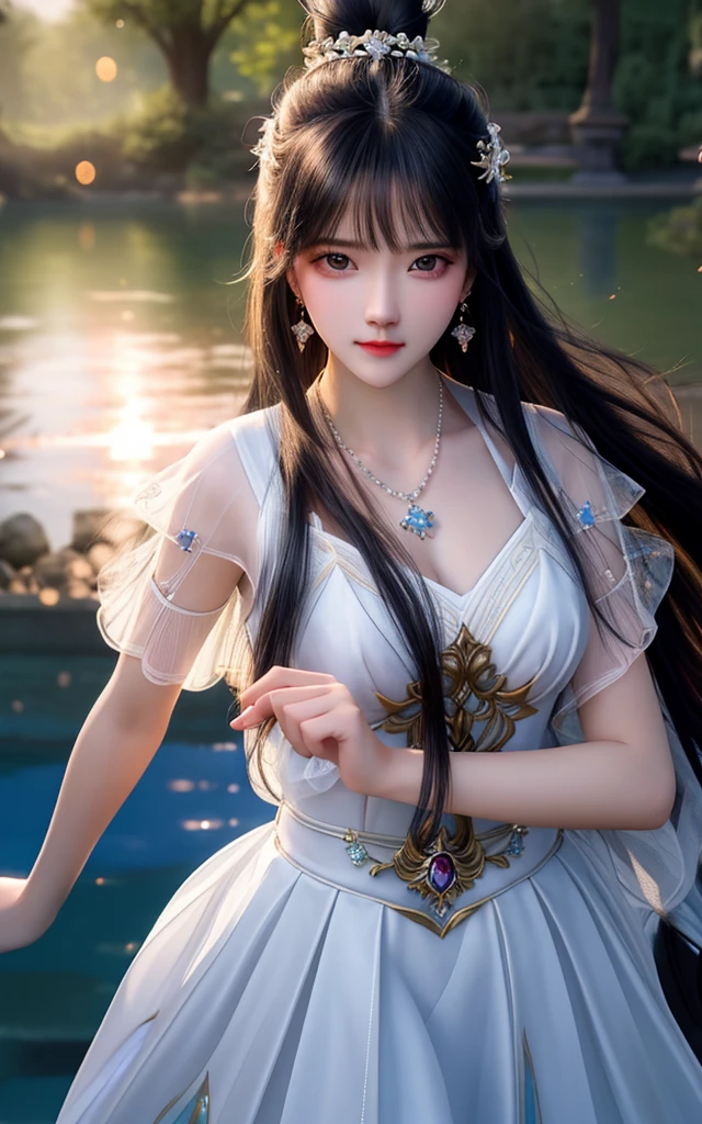 best quality,masterpiece,highres,cg,
1girl,weapon,sword,long hair,dress,water,solo,jewelry,white dress,earrings,hair ornament,splashing,upper body,hair bun,black hair,
lighting,candid,Photograph,high resolution,4k,8k,Bokeh,