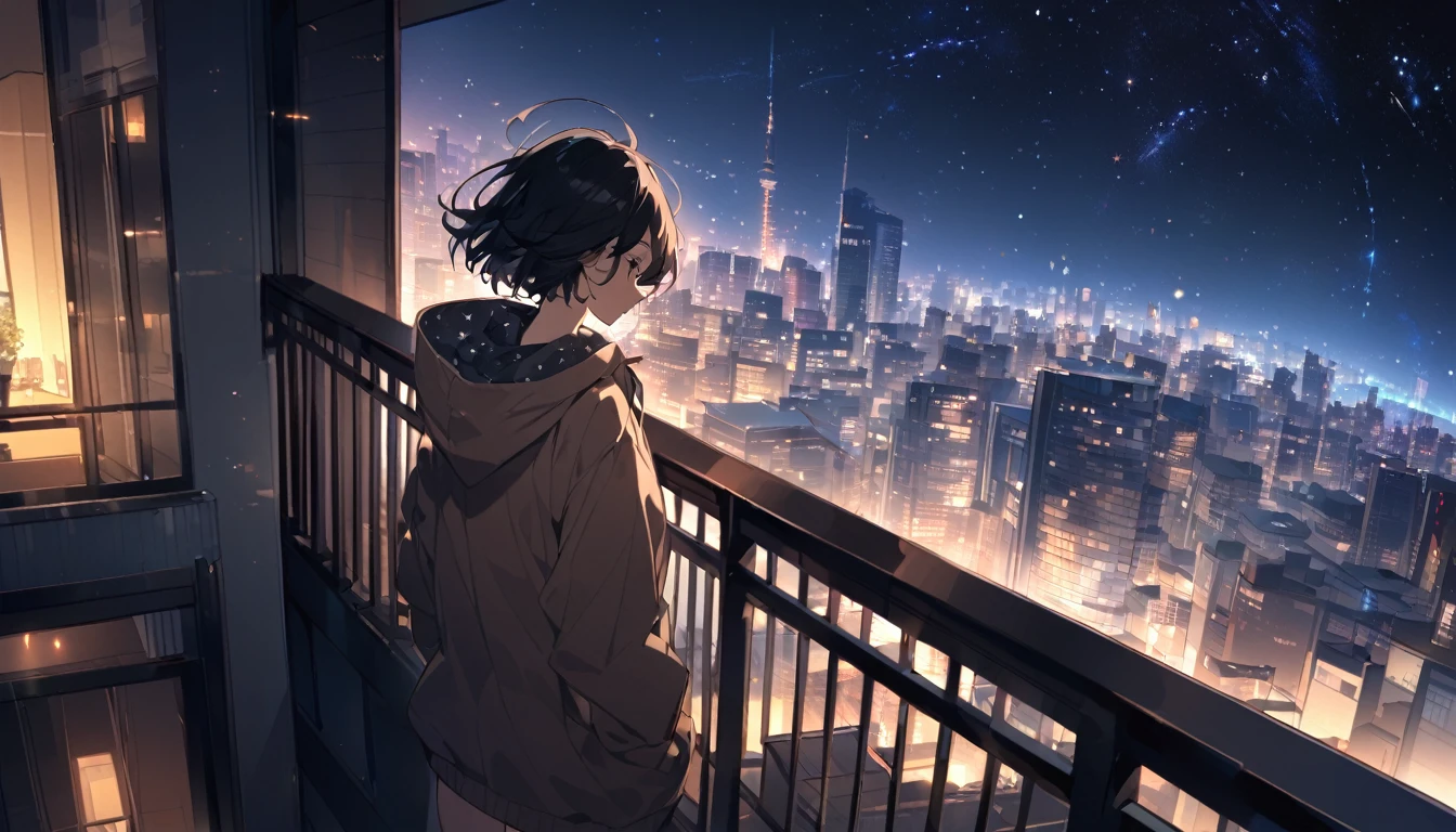 Starry Sky、Night view、City、A woman at the center、Black Hair、Short Hair、Hair blowing in the wind、Put on a hoodie、Back view、Full body portrait、Overlooking the city from the balcony