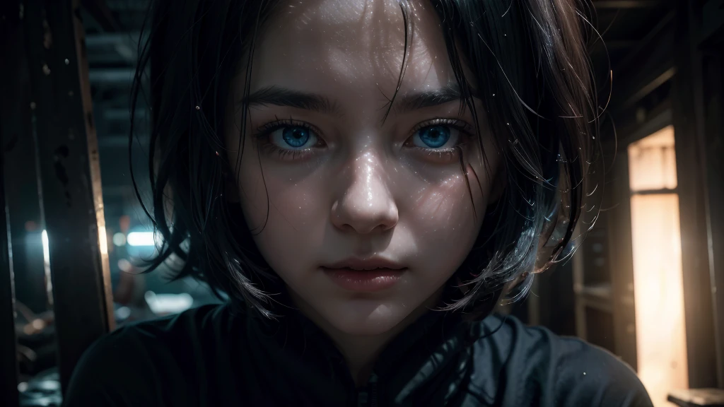 One woman in loose, lightweight black clothing, wearing a prominently visible balaclava, hanging by one hand from a rusted metal structure. She has striking blue eyes, adding to the eerie atmosphere. The background is randomly generated, adding an unpredictable element to the scene, with a sense of mystery and solitude. The woman's face and other visible parts of her body are rendered with maximum detail and high quality. The image evokes a suspenseful mood, with a close-up shot, shallow depth of field, and soft, diffused lighting. Dark atmosphere, with an element of randomness in the environment.