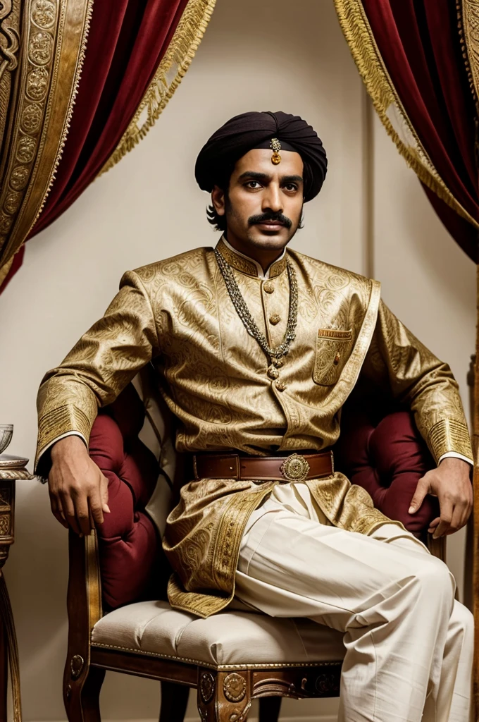 (masterpiece, UHD, oil painting, Greg Rutkowski style:1.3), Emperor Akbar, 16th-century attire, royal robes, (detailed gold embroidery:1.1), elaborate turban, (emerald jewel:1.2), iconic thin mustache, ornate Mughal architecture background, marble columns, vibrant silk curtains, subtle play of light and shadow, rich colors, regal, side view.