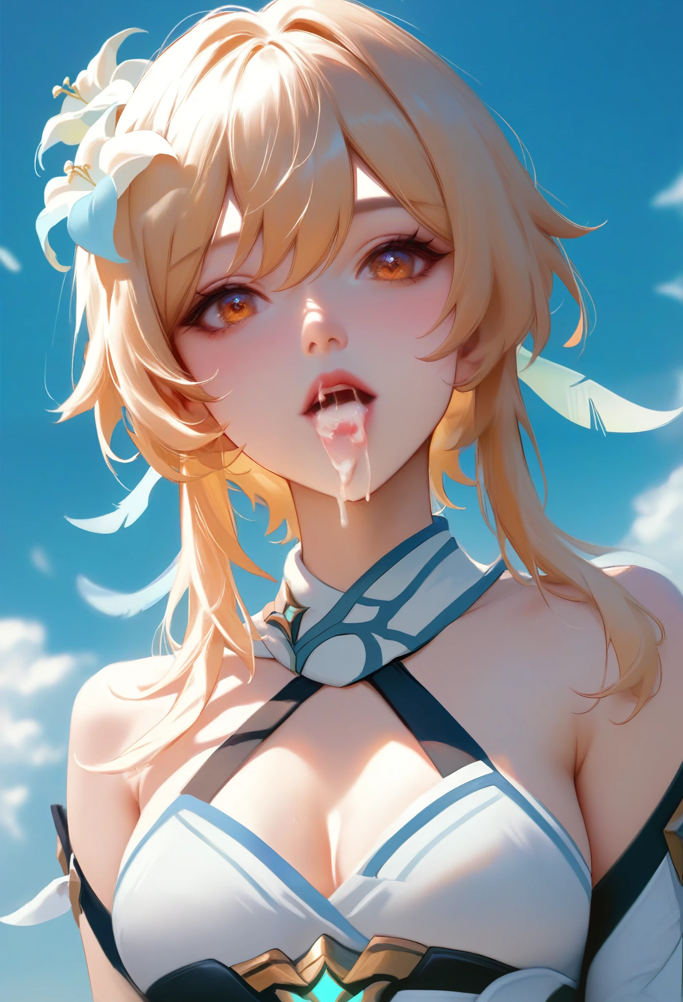 score_9, score_8_up, score_7_up,source_anime, high res image,masterpiece,best quality,girl,cute face,clear skin,lumine_genshin,cum on mouth,