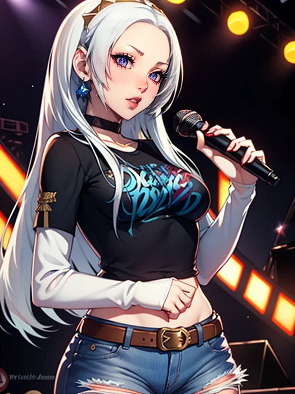 Edelgard,earrings ,lipstick, eye shadow, makeup, 1girl, solo, black t-shirt, white shirt, blue jeans, belt, lipstick, large breasts, layered sleeves, sexy pose, holding a microphone, singing, stage background