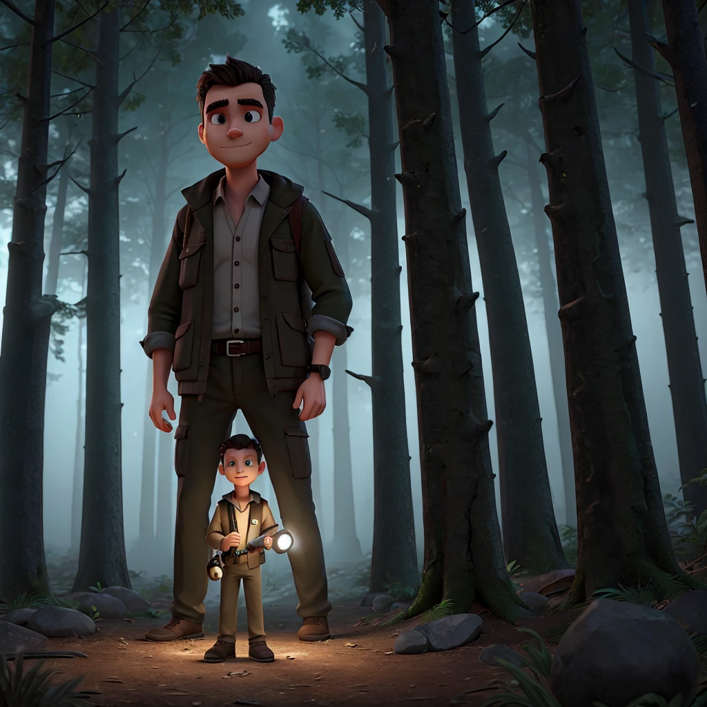Man with just a flashlight in the middle of a scary forest full of fog and dark
