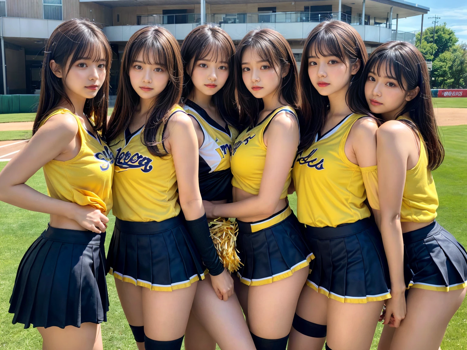 masterpiece, best quality, illustration, Super detailed, fine details, High resolution, 8K,wall paper, perfect dynamic composition,(Details High quality, realistic depiction of eyes:1.3), (3 girls), BREAK (cheerleader uniform with yellow as basic color:1.3), (holding a yellow pompoms in hand:1.4), (sleeveless yellow tunic with baseball team logo:1.4), yellow tops, (bold V-neck:1.3), ((Blue lines, black lines) on tops:1.3), ((fit and flare, A-line):1.3), (A-line yellow rah-rah skirt:1.3), mini skirt, (black socks:1.3), (sports shoes:1.2), sitting, open legs, short bob hair, in a hotel room in the background, deep on field, large breasts, black hair color, Big Natural Color Lip, (perfect body shape), crying a little、Harajuku style、20 year old girl、cute type、beautiful legs, Gravure Idol