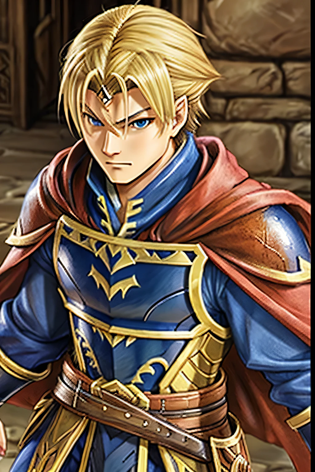 suikoden 2, warrior with blonde hair, cloak, armor,