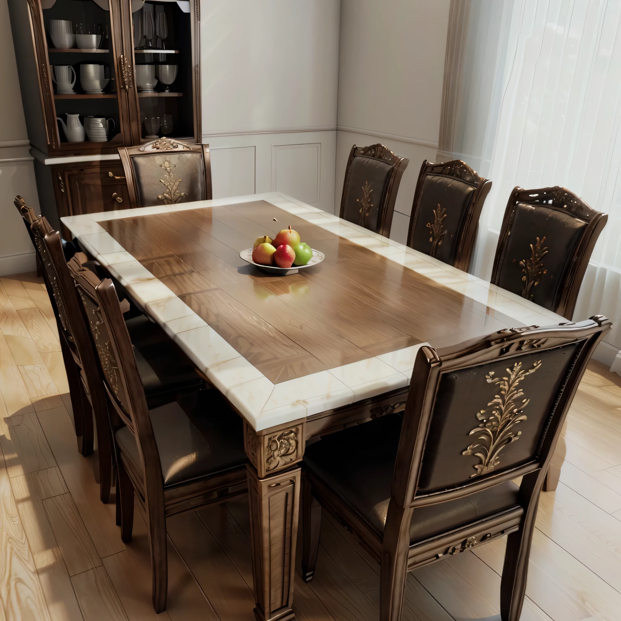 there is a plate of fruit on a table in a dining room, highly detailed render, elegant render, highly detailed perfect render, high quality 3d render, high quality 3 d render, fully detailed render, very realistic render, very realistic 3 d render, dinner table, photo realistic render, highly detailed 3 d render, highly detailed 3d render, very detailed render