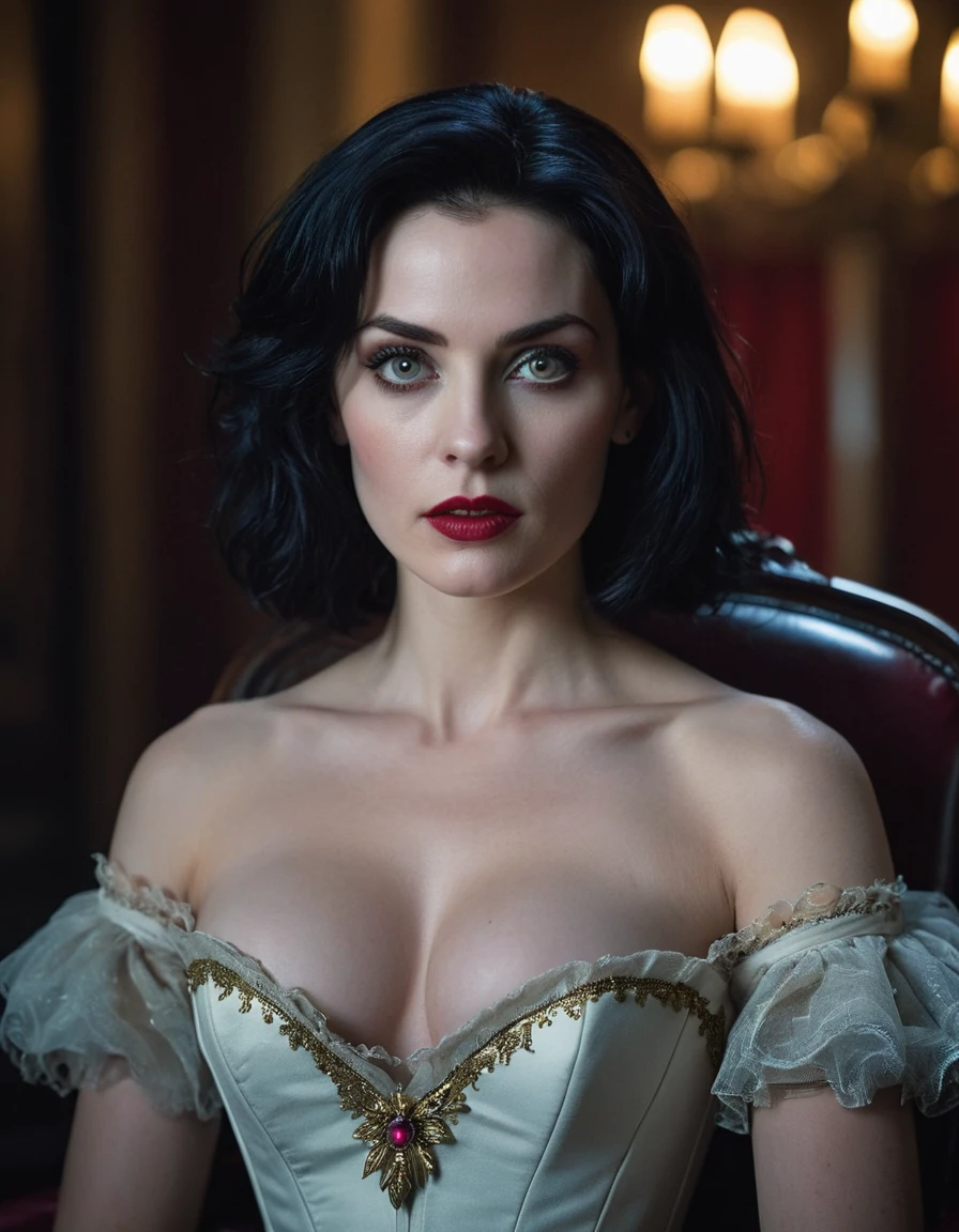 (masterpiece:1.7, best quality, ultra detailed, moonlight lights ratio, ultra realistic:1.3), Cinematic lighting:0.7, Diana, a true Ventrue, sits in an elegant colonial armchair and emerges an intimidating presence that numbs even the most sadistic MALKAVIAN. Her pale skin and small pink mouth, wearing a richly detailed corset with gold accents, contrast with her black hair, bringing an air of elegance and intimidation; (night, full moon natural lighting, Vampire The Masquerade, James O'Barr directors cut, photo by Alexander Mavrin), pale shiny skin, thin, sharp focus on rare face, perfect eyes, photorealistic, film grain, looking at camera, emphasize shoulders, foggy, misty, noir portrait, tilted, volumetric dust, key light, ray tracing, film grain ISO 800, 16 mm lens, RAW f1.8 aperture, analog photography, HDR colors, gothic interior, dark, elegant, and intimidating atmosphere