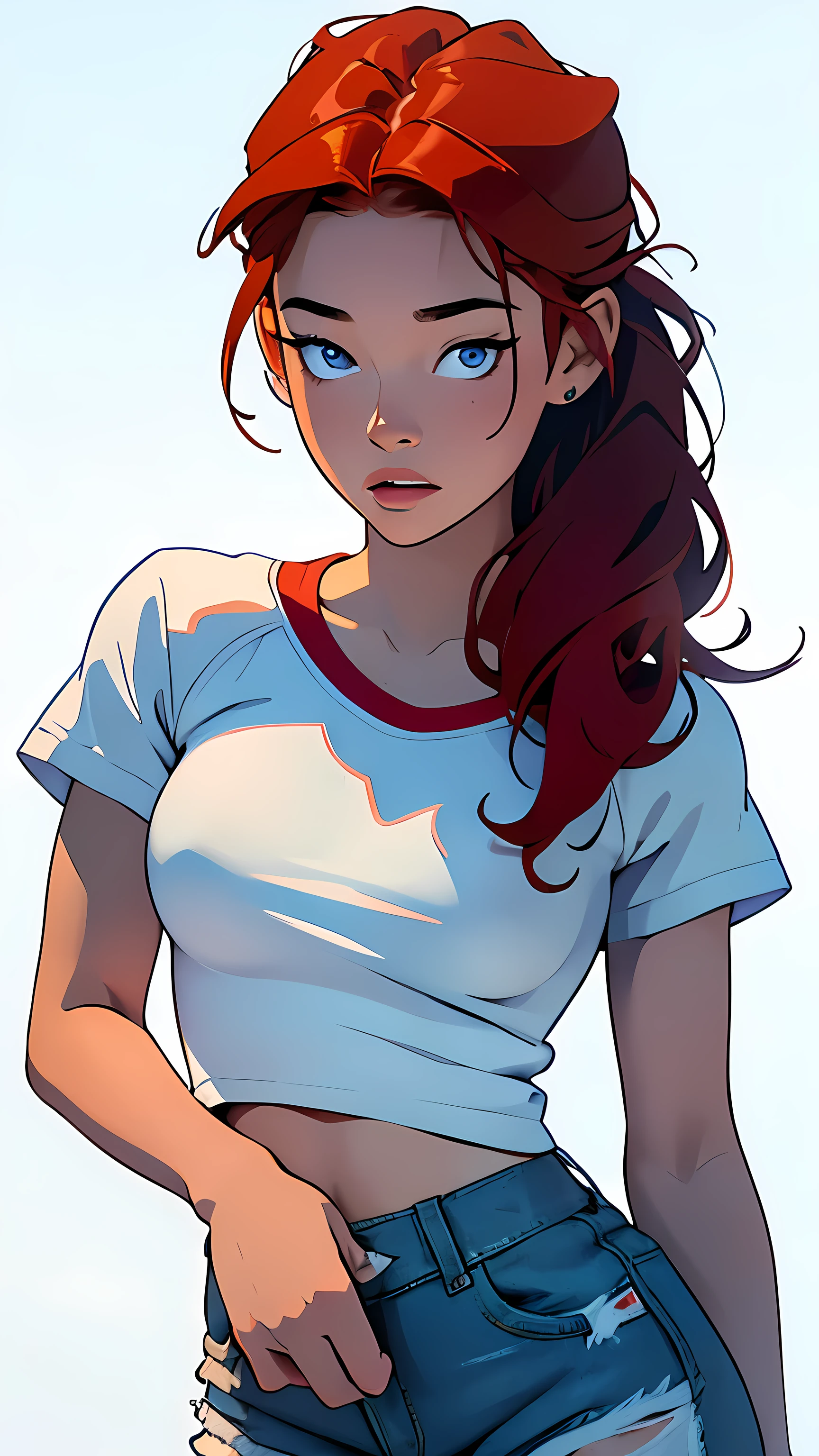 masterpiece, best quality, close up,1girl,the highest image quality, 21-year-old woman, looks like Olivia Dunne, bright red hair, blue eyes, wearing a white graphic tee and denim shorts, sad, large breasts, White background, empty background