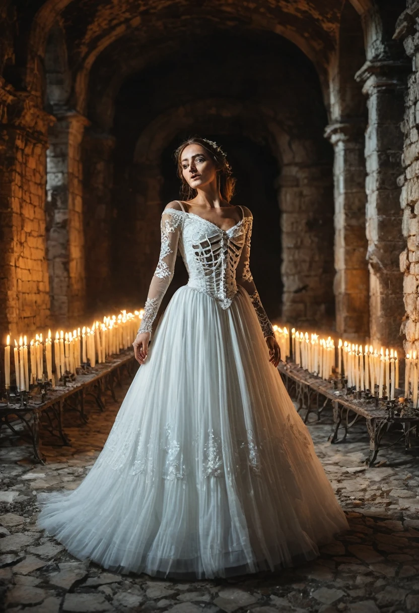 A beautiful English woman in a white dress dancing ballroom with a skeleton, an eerie atmosphere in a ruined castle lit by countless candles,