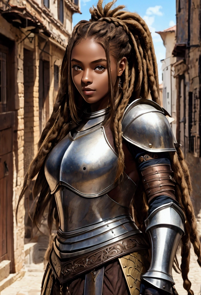 18 year old brown female、Beauty、Blonde、Blonde、Warrior in armor、Completely naked、Dreadlocks、background　Medieval port town、High quality p、Upper Body