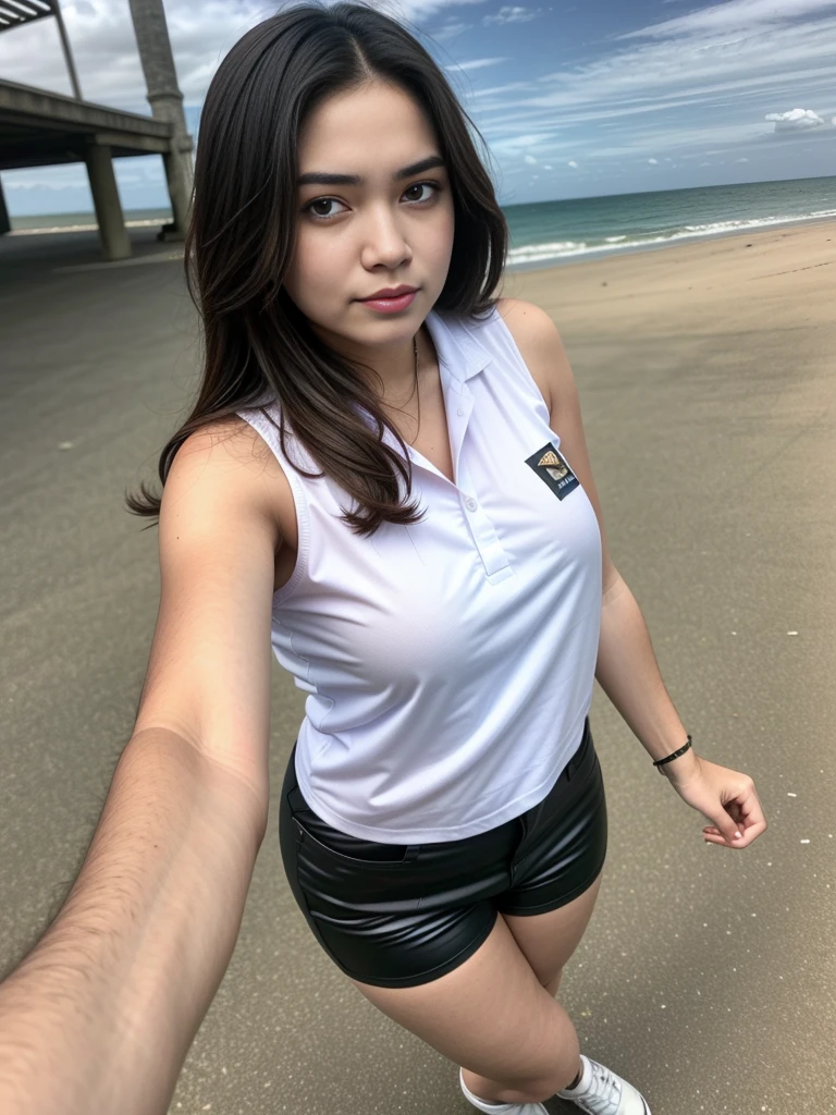 1girl, solo, (uniform), standing, at the beach,  beautifully ocean scenery, detailed cute face, detailed eyes, thick medium breasts, smooth realistic skin, black latex tanktop, black latex hot pants, looking at the audience, low angle shot,(8k, RAW photo, best quality, masterpiece: 1.2), (realistic, realistic: 1.37), ultra-high resolution