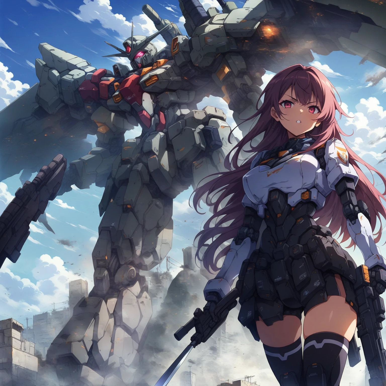 score_9, score_8_up, score_7_up, source_anime,masterpiece, best quality, high resolution, extremely detailed CG, absurdres, highres, a mecha girl holding a sword in front of a giant mech with a large blade, 1girl, weapon, mecha, robot, holding weapon, holding, gun, long hair, holding gun, glowing, sky, thighhighs, cloud, science fiction, outdoors, floating hair,1girl, solo, cleavage, thighs, looking at viewer, mecha musume,neondskdrmsxl, cool face,(SuperQuality:1.2)