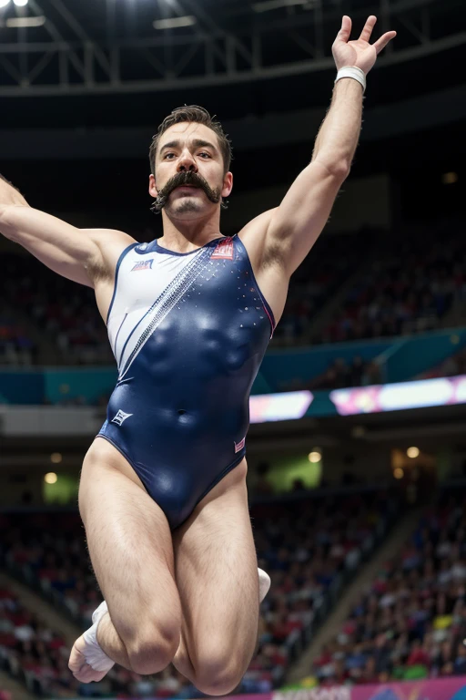 the man doing olympic gymnastics, with mustaches, performing double jump