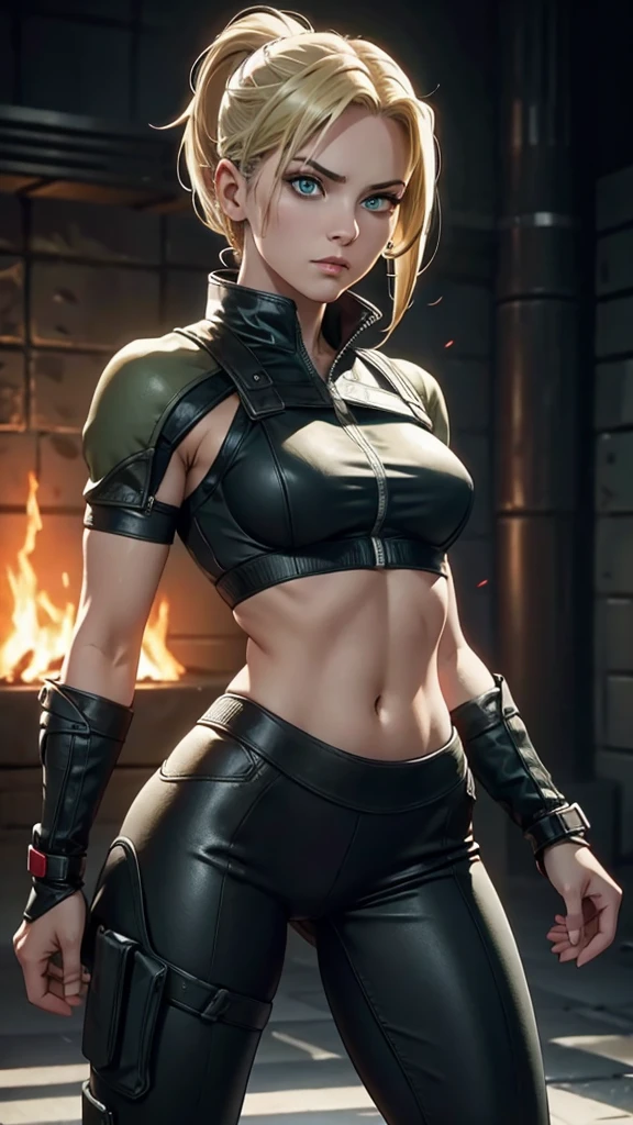 Sonya Blade, (Mortal Kombat), sexy girl, powerful, black classic sexy suit, Young, skynny body, small and beautiful buttocks, toned abdomen, small and beautiful breasts, obscene, sensual, edificios destruidos en Japón en el fondo, Dramatic background, overflows a lot of energy in your body, guns, burns everything in its path, pose en el airw dando una patada, sensual look, beautiful green eyes, classic hairstyle,Hair dyed in bright blonde color, best quality,4k,8k,A high resolution,masterpiece,Ultra detailed,realistic, Photorealistic,photo realistic, ultra realistic 