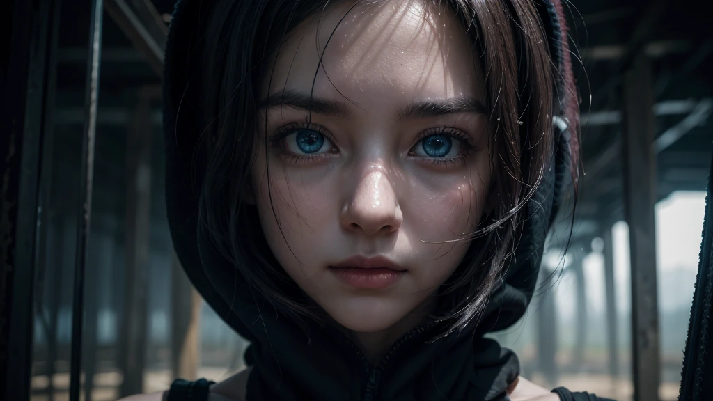 One woman, approximately 25 years old, in loose, lightweight black clothing, wearing a prominently visible balaclava, hanging by one hand from a rusted metal structure. She has striking blue eyes, adding to the eerie atmosphere. The background is randomly generated, adding an unpredictable element to the scene, with a sense of mystery and solitude. The woman's face and other visible parts of her body are rendered with maximum detail and high quality. The image evokes a suspenseful mood, with a close-up shot, shallow depth of field, and soft, diffused lighting. Dark atmosphere, with an element of randomness in the environment.