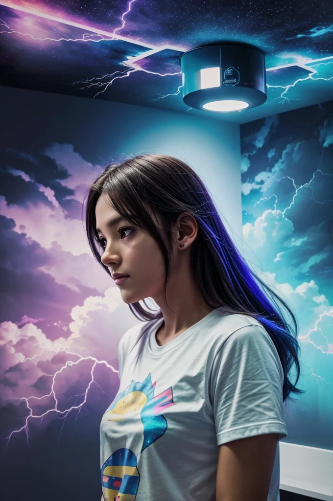 A oom from front angle with cloud and rgb lights on ceiling and anime posters on walls also some t shirts hanging on wall and room is full of lightning