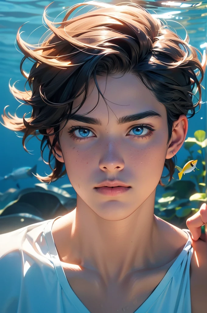 a young man swimming in the ocean with colorful fish,dark brown hair,tan,light water,blue,shorts,very light blue eyes,long eyelashes,shell,coral,(best quality,4k,8k,highres,masterpiece:1.2),ultra-detailed,(realistic,photorealistic,photo-realistic:1.37),hyper detailed,highly detailed,vibrant colors,dramatic lighting,underwater scene, very colored.