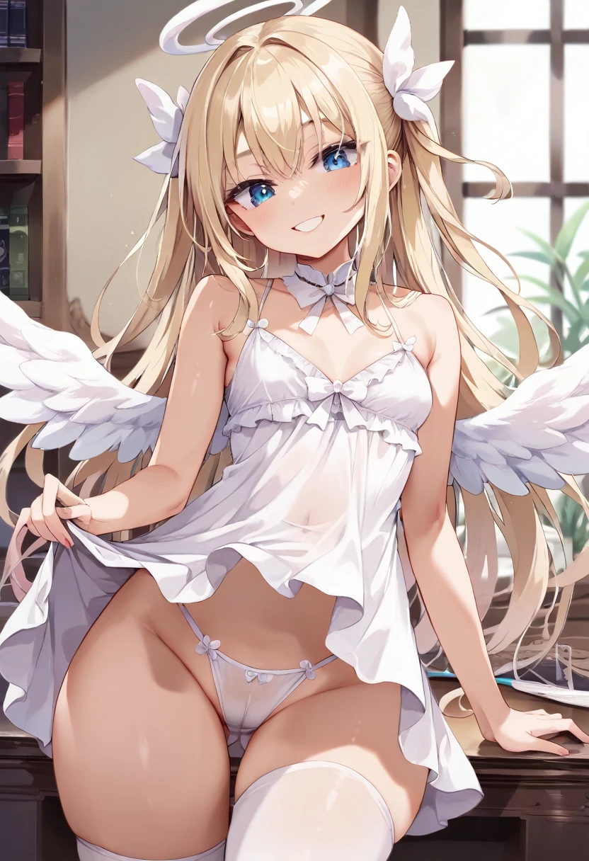 Score_9, score_8_up, 4k, 8k, detailed face, source_anime, smug angel girl with small breasts, pretty girl, thick thighs, blonde hair, long hair, (butakoma 300g), angel wings, white outfit, white babydoll, thong, nice hips, cameltoe,