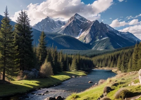 Landscape with mountains, stream, pine trees and clouds