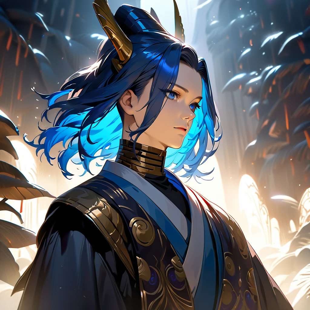 a young man with blue hair, extremely detailed intricate facial features, detailed blue eyes, detailed dark grey eyes, sleeveless black turtleneck shirt, heian era garments, digital art, concept art, portrait, cinematic lighting, 8k, masterpiece, photorealistic, hyperrealistic, delicate, dramatic, atmospheric, vivid colors, chiaroscuro, moody, elegant