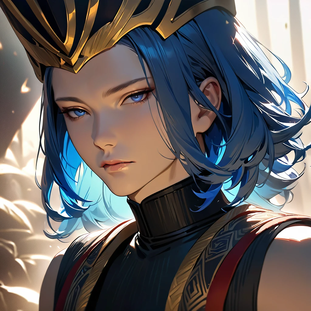 a young man with blue hair, extremely detailed intricate facial features, detailed blue eyes, detailed dark grey eyes, sleeveless black turtleneck shirt, heian era garments, digital art, concept art, portrait, cinematic lighting, 8k, masterpiece, photorealistic, hyperrealistic, delicate, dramatic, atmospheric, vivid colors, chiaroscuro, moody, elegant