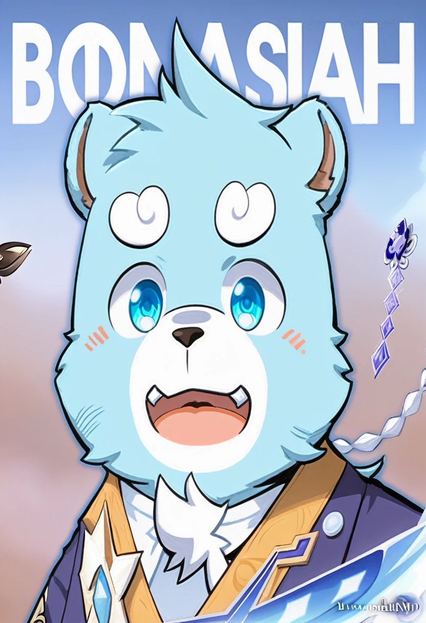 A cartoon bear with blue eyes wearing a suit, Official Fanart, Demon Slayer Rui Fan Art, Official Art, Detailed fan art, Genshin Impact角色, 《Genshin Impact》Zhongli, hearthstone art style, Different world, Leaflet anime style, Leaflet, Profile picture 1024px, 《Genshin Impact》Keqing, bony face