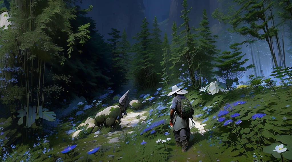 A man wearing a hat、A man with a backpack walks through a flower field in Arawd, next to some alien plants, Covered with shiny spots, Rich vegetation, Using cryengine, Lush,Overgrown, Highly detailed environments, Quiet and peaceful atmosphere, Ghost of Tsushima, In nature, hold sword in the forest