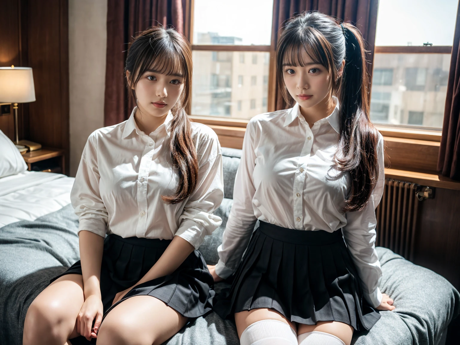(8K, RAW Photos, Highest quality, masterpiece:1.2), (professional photography, full colors, studio-caliber color grading), (Gravure quality for high-end fashion magazines), (2 girls), BREAK,18 year old girl, (fluffy ponytail:1.2), Big Natural Color Lip, Plumpy body, (smooth skin:1.1), huge breasts, BREAK, (collared shirt:1.1), pleated skirt, knee high socks, BREAK, hotel room, cute , lolita