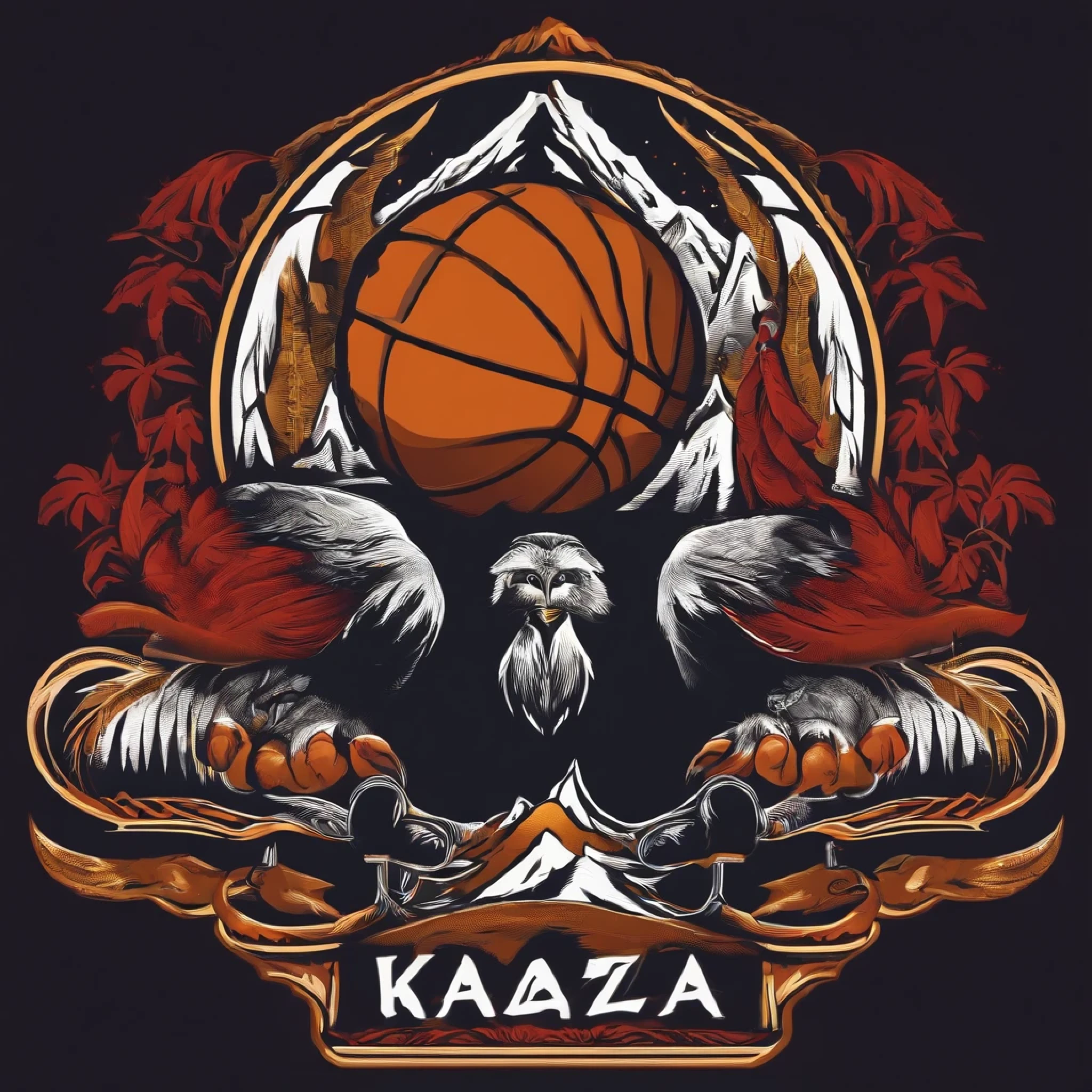 Make a basketball team logo which includes name kaza ballers , add mountain, tibetan symbols, players, eys catching 