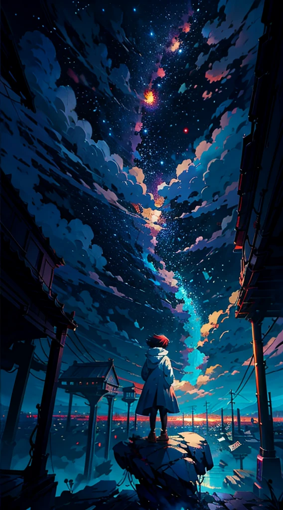 anime girl standing on a rock looking at a star filled sky, makoto shinkai cyril rolando, anime art wallpaper 4k, anime art wallpaper 4 k, anime art wallpaper 8 k, cosmic skies. by makoto shinkai, inspired by Cyril Rolando, in the style dan mumford artwork, amazing wallpaper, by Yuumei