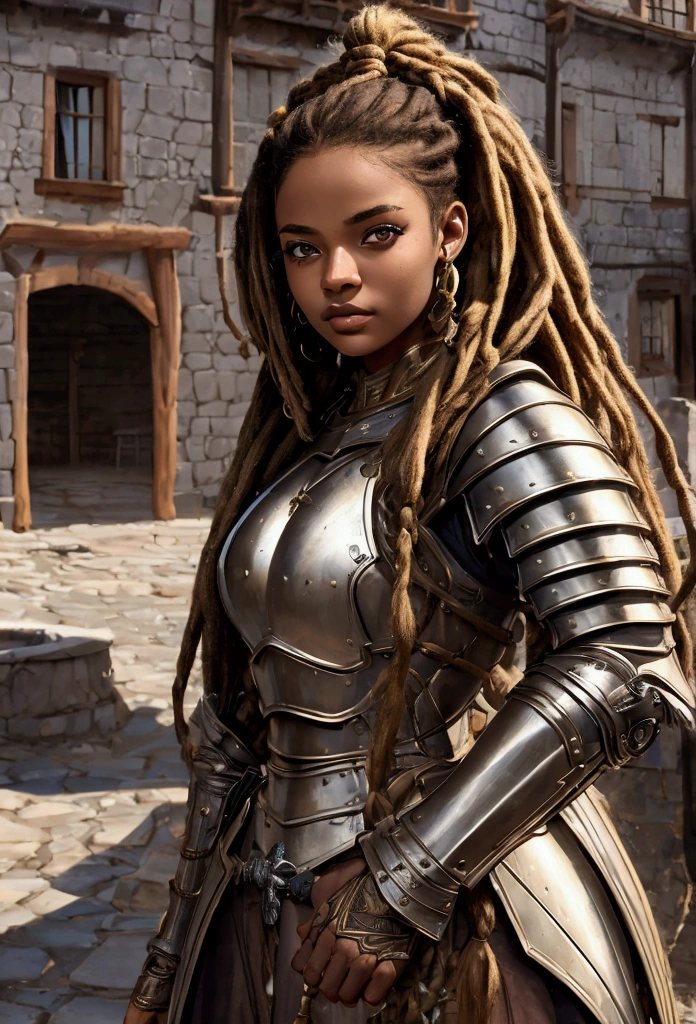 18 year old brown female、Beauty、Blonde、Blonde、Warrior in armor、Completely 、Dreadlocks、background Medieval port town、High quality p、Upper Body