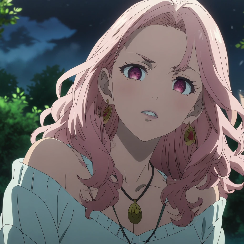 1girl,  ((Tokyo Revengers anime screencap)), anime screencap, solo, (short pink hair, wavy hair) (pink eyes, almond shaped eyes) ((hanging breast)) smile,parted lips looking_at_viewer, upper body,  night, outdoor, bangs, upper body, eyelashes, breast, ((off the shoulder sweater )) ((earrings)) ((necklace)) ((hd quality)) ((high resolution)) ((good quality)) ((hd quality image)) ((almond shaped eyes))