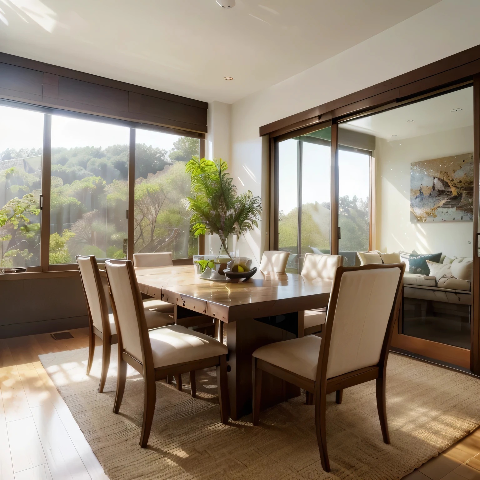 there is a dining room with a table and chairs and a large window, floor - to - ceiling windows, filled with natural light, floor to ceiling window, with backdrop of natural light, dining table, natural window lighting, real estate photography, natural light in room, dining room, detailed natural lighting, sliding glass windows, large windows, views to the ocean, modern setting