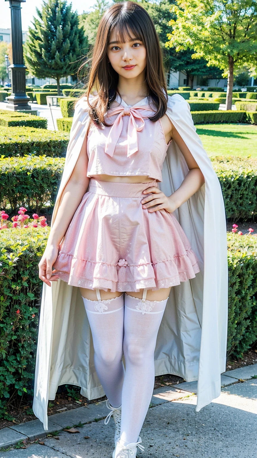 (8k、RAW Photos、Highest quality、masterpiece:1.2)、(Realistic、Realistic)、1 girl、((White Mini Skirt、Pink dress、See-through、Frills、Cape、Medium Hair、Pretty Cure Costume、See through、tights、ribbon、boots、Accentuate your breasts、whole body、garden、View from the front、Looking into the camera、Stand with hands on hips))、