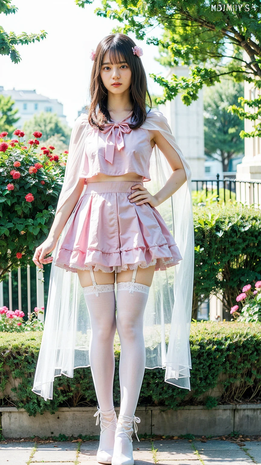 (8k、RAW Photos、Highest quality、masterpiece:1.2)、(Realistic、Realistic)、1 girl、((White Mini Skirt、Pink dress、See-through、Frills、Cape、Medium Hair、Pretty Cure Costume、See through、tights、ribbon、boots、Accentuate your breasts、whole body、garden、View from the front、Looking into the camera、Stand with hands on hips))、