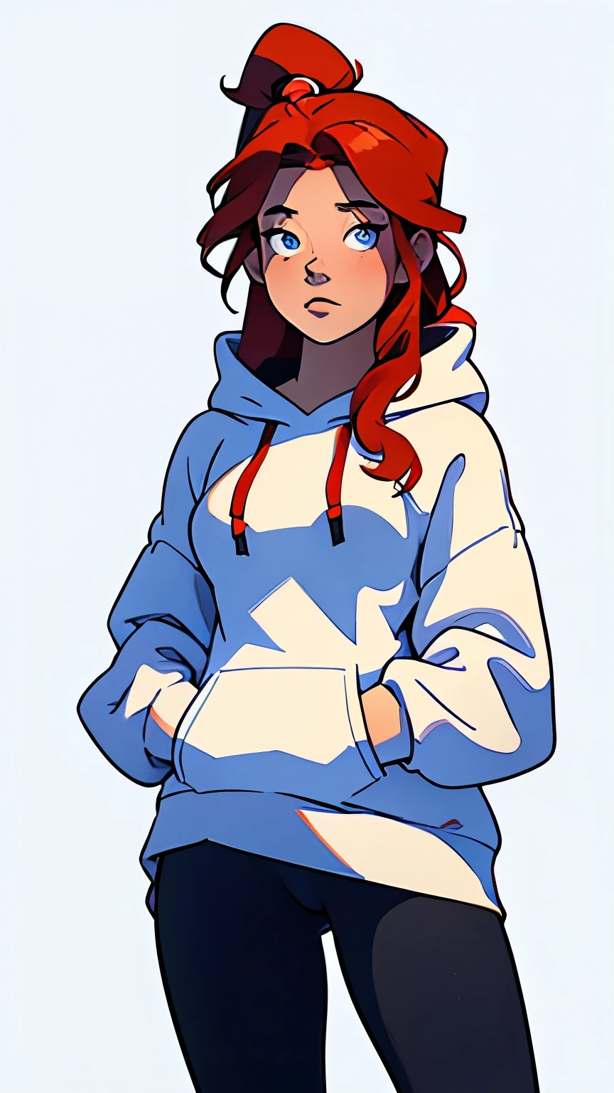 masterpiece, best quality, full body,1girl, highest image quality, 21-year-old woman, looks like Olivia Dunne, bright red hair, blue eyes, wearing a white hoodie and black leggings, sad, large breasts, White background, empty background