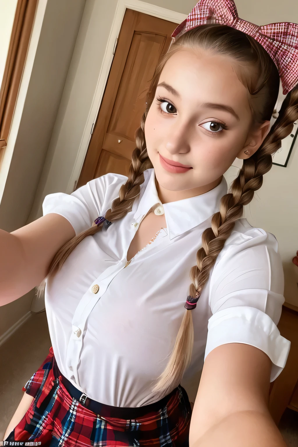 21-year-old girl taking selfies dressed as a  with a white blouse where her big breasts are visible, She wears a little plaid skirt and has her hair combed with two pigtails., the selfies are taken in a children&#39;s room with toys