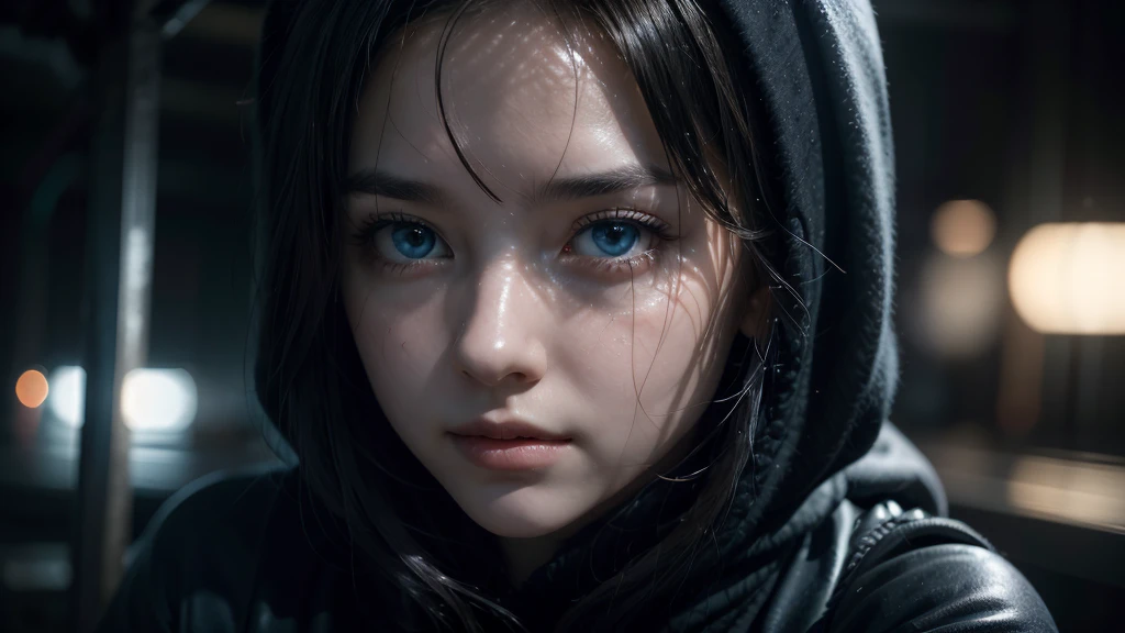 One woman, approximately 25 years old, in loose, lightweight black clothing, wearing a prominently visible balaclava. She has striking blue eyes, adding to the atmosphere. The woman is depicted from the waist up, in random, beautiful locations and in various natural poses. Her face and other visible parts of her body are rendered with maximum detail and high quality. The background and her pose are randomly generated, creating a unique and unpredictable scene with a sense of mystery and solitude. The image features soft, diffused lighting and a shallow depth of field, enhancing the overall mood.