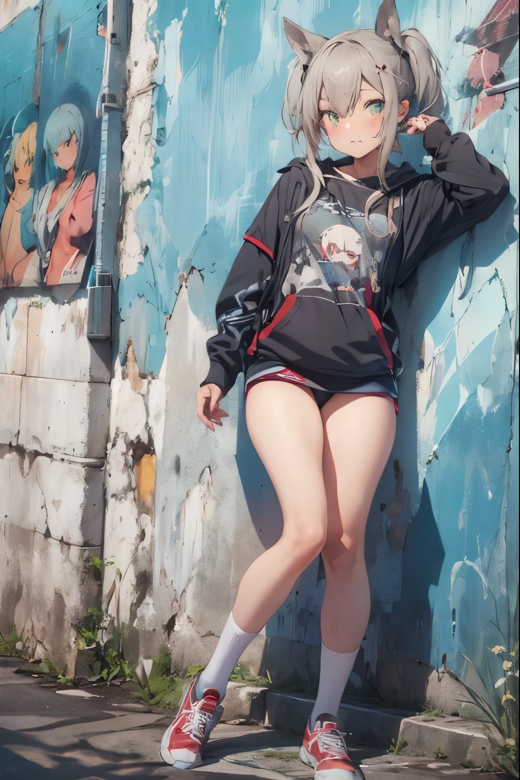 ((long shot, Whole body: 1.6)), purple: 1.5, orange: 1.1, green: 1.3, white: 1.3, yellow: 1.3, (rapper girl with scary hair, Very detailed eyes and body and beautiful baggy loose clothing :1.6), tattoos, (walls with graffiti: 1.2), flower, leaves, born in the fog, lines, leaning against the wall with a spray paint in her hand, action pose, 32K.