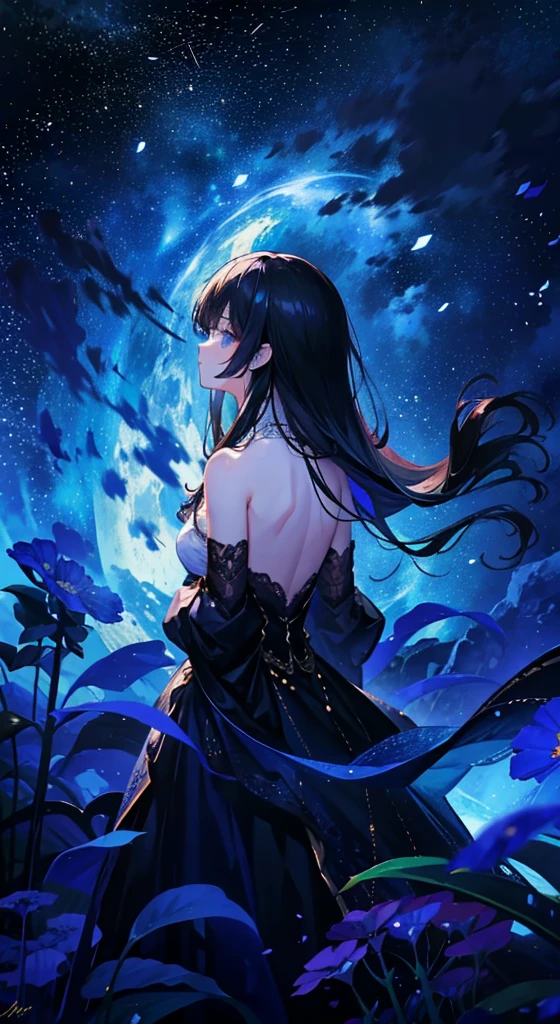 "tmasterpiece,top Quority,offical wallpaper,winning artwork,Top-down view,1girll,Back Shadow,In a sea of flowers,gaze to the stars,As estrelas,themoon,Meteors,Colorful shooting stars,long hair, a gorgeous,4K"