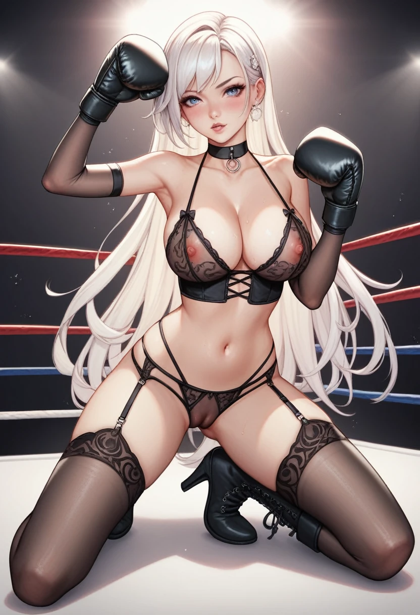 A slim beautiful girl,Good shape,Pretty Face,detailed picture, blush,White long hair,Wearing sexy lingerie,Wearing black suspender stockings,high-heel boots,Wearing black boxing gloves,Wearing black sleeves,Kneeling alone in the boxing ring and making sexy moves,Large Breasts,Cleavage,Thin legs,nipple,Camel toe