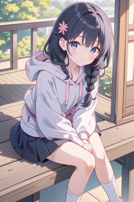 countryside　Balcony of a Showa-era Japanese house　　　Black Hair　Long Hair　Braid　（（1 person））　Hooded hoodie with upper body pink　Lower Body Navy Blue Miniskirt　　White socks　Wearing Sandals　Bright sunlight　sitting on the balcony　　Dynamic Angle　Low Angle　Face close-up