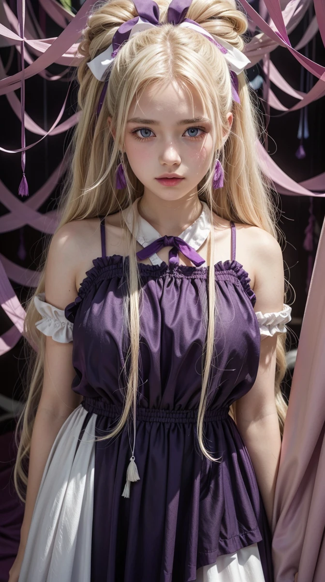 18-year-old woman with white-blond hair, wearing a white dress with purple details, with high hair tied with a fuchsia-colored ribbon hanging in loose ends
